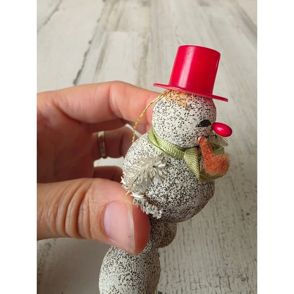 Vintage Japan putz snowman ornament top hat Frosty mica Xmas tree chenille
